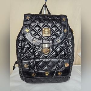MCM Black Quilted Backpack with Gold Accents